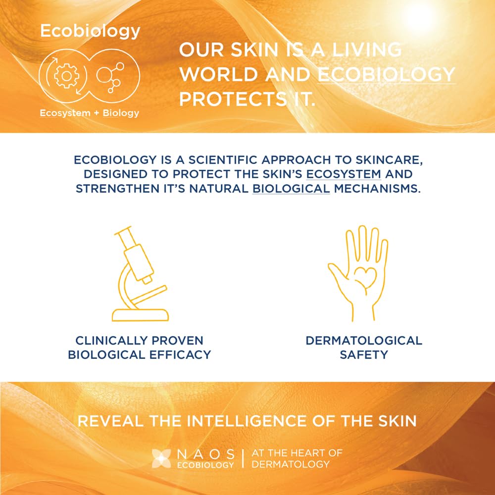 Advertisement for Ecobiology skincare with text and icons on a white background
