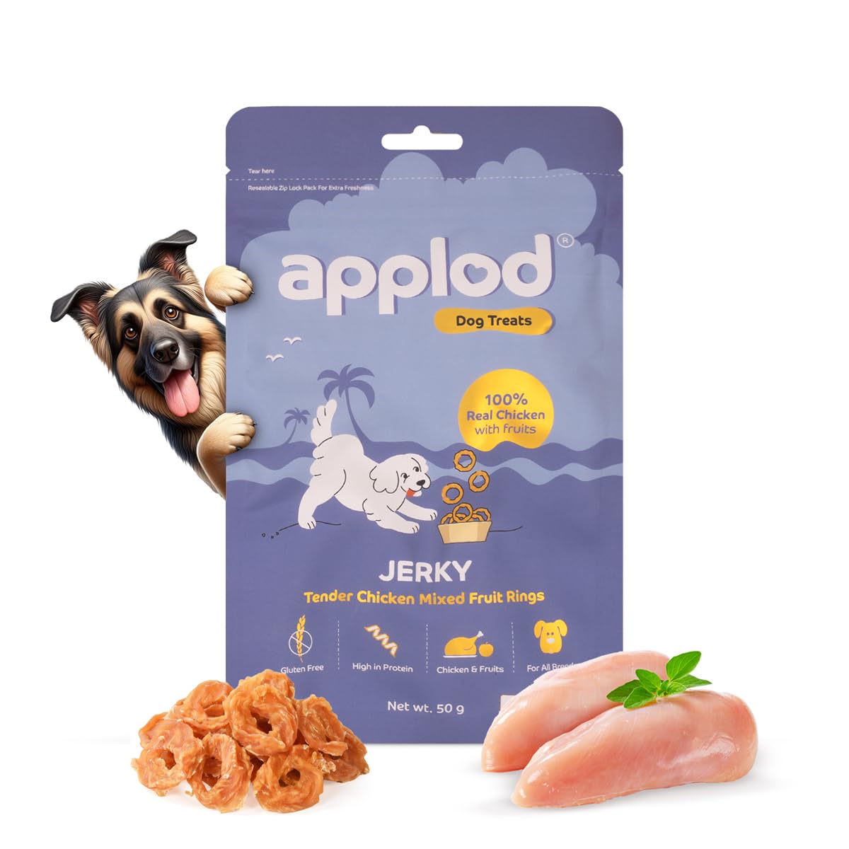 Applod Tender Chicken Mix Fruit Rings Dog Treats | Made Chicken Breast | High Protein, Low Fat, Grain-Free Reward Snack for Dogs | 50g