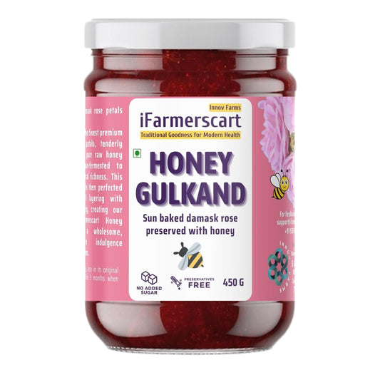 iFarmerscart Honey Gulkand | Fiber Rich | No Added Sugar | No Artificial Flavors | Sun Baked Pure & Fresh Damask Rose Petal Jam | Handcrafted | Potassium, Calcium, Magnesium and and Antioxidants Rich | Better Digestion | No Added Sugar Jam