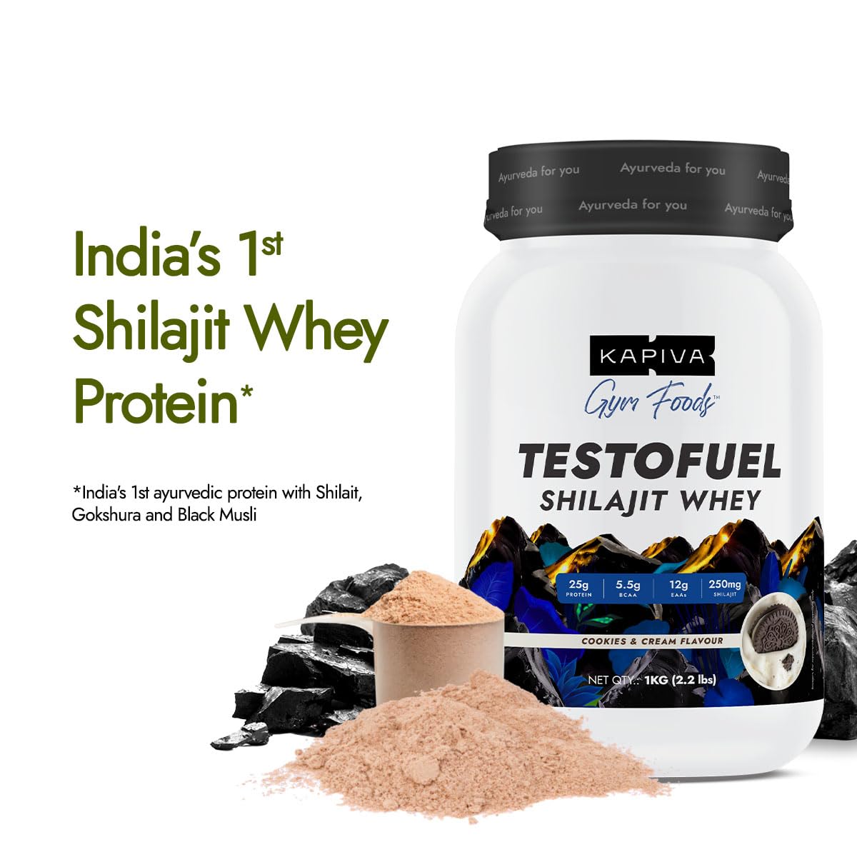Kapiva Testofuel Shilajit Whey Protein| 25g Protein | 250mg Shilajit | 5.5g BCAA | Faster Absorption | Digezyme blend | WADA Compliant | 1Kg/ 2.2lb