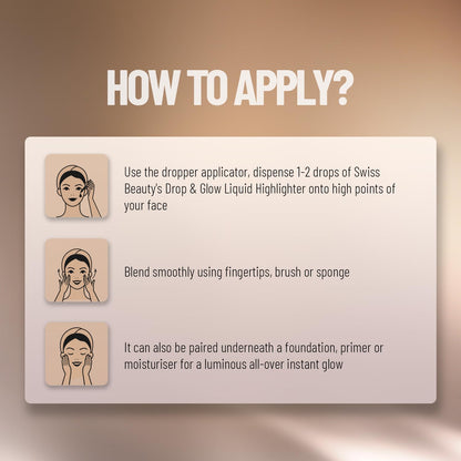 Instructions on how to apply Swiss Beauty's Drop & Glow Liquid Highlighter with illustrations and text.
