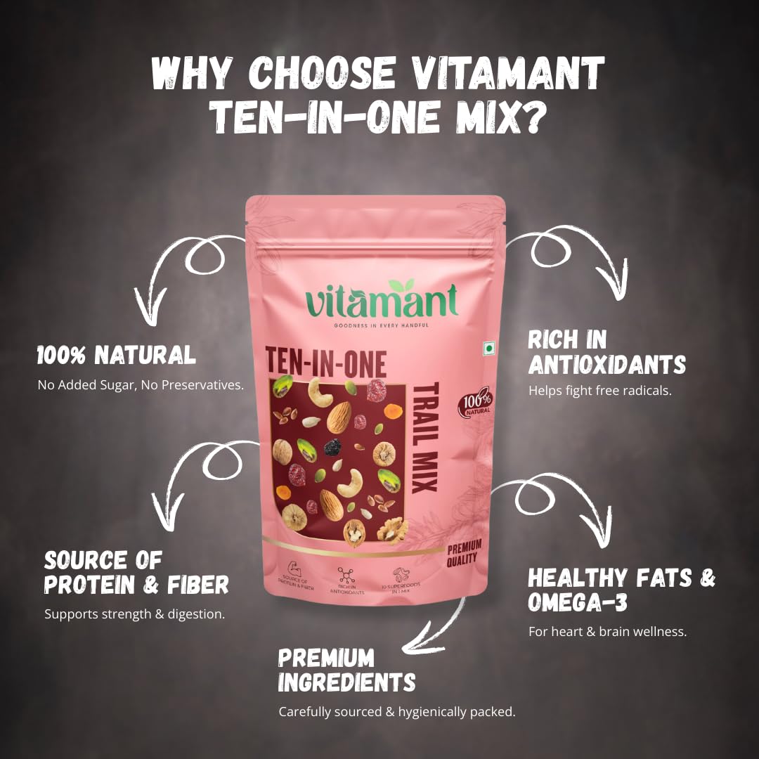 Vitamant 10-in-1 Trail Mix | Premium Mixed Dry Fruits, Nuts & Seeds | Healthy Snack | No Added Sugar | Source of Protein & Fibre | 400g