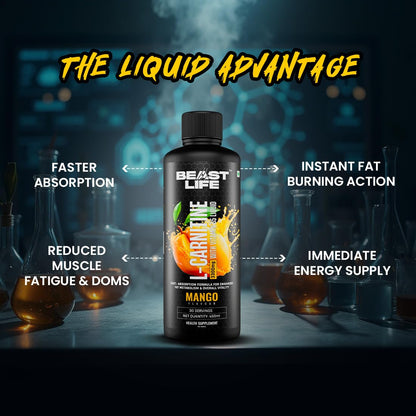 BeastLife L-Carnitine Liquid | 3300mg (Mango Flavor, 450 ml, 30 Servings) Converts Fat to Energy | Triple Strength Formula | Supports Weight Loss | With Vitamin B5 | No Added Sugar