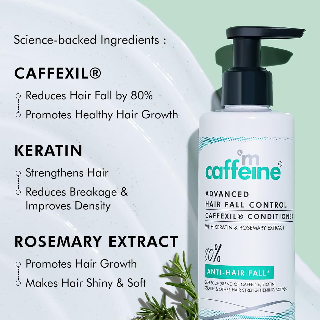 Caffeine Advanced Hair Fall Control Conditioner bottle with ingredients listed on a light green background