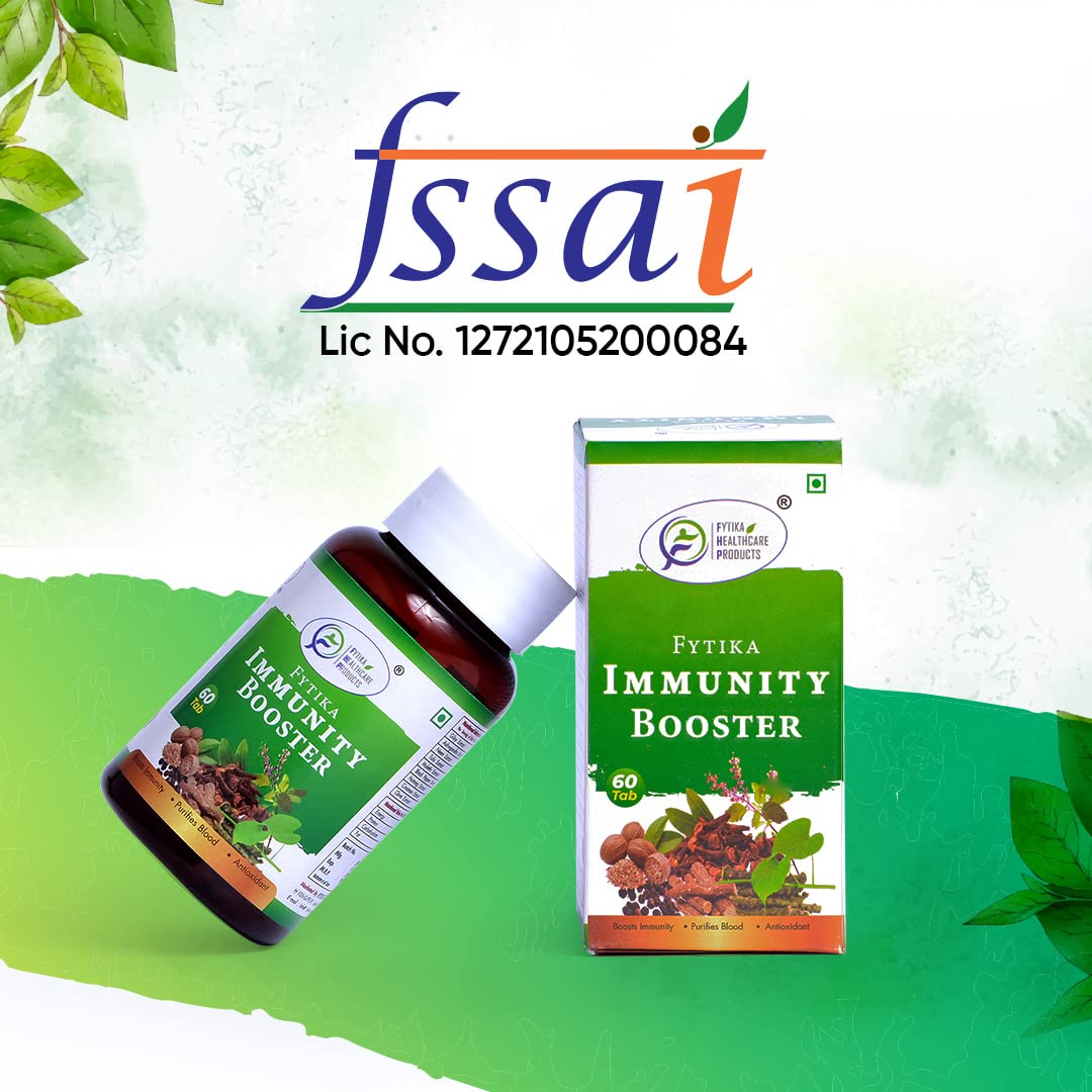 Fytika Immunity Booster product with FSSAI logo and license number on a green and white background.