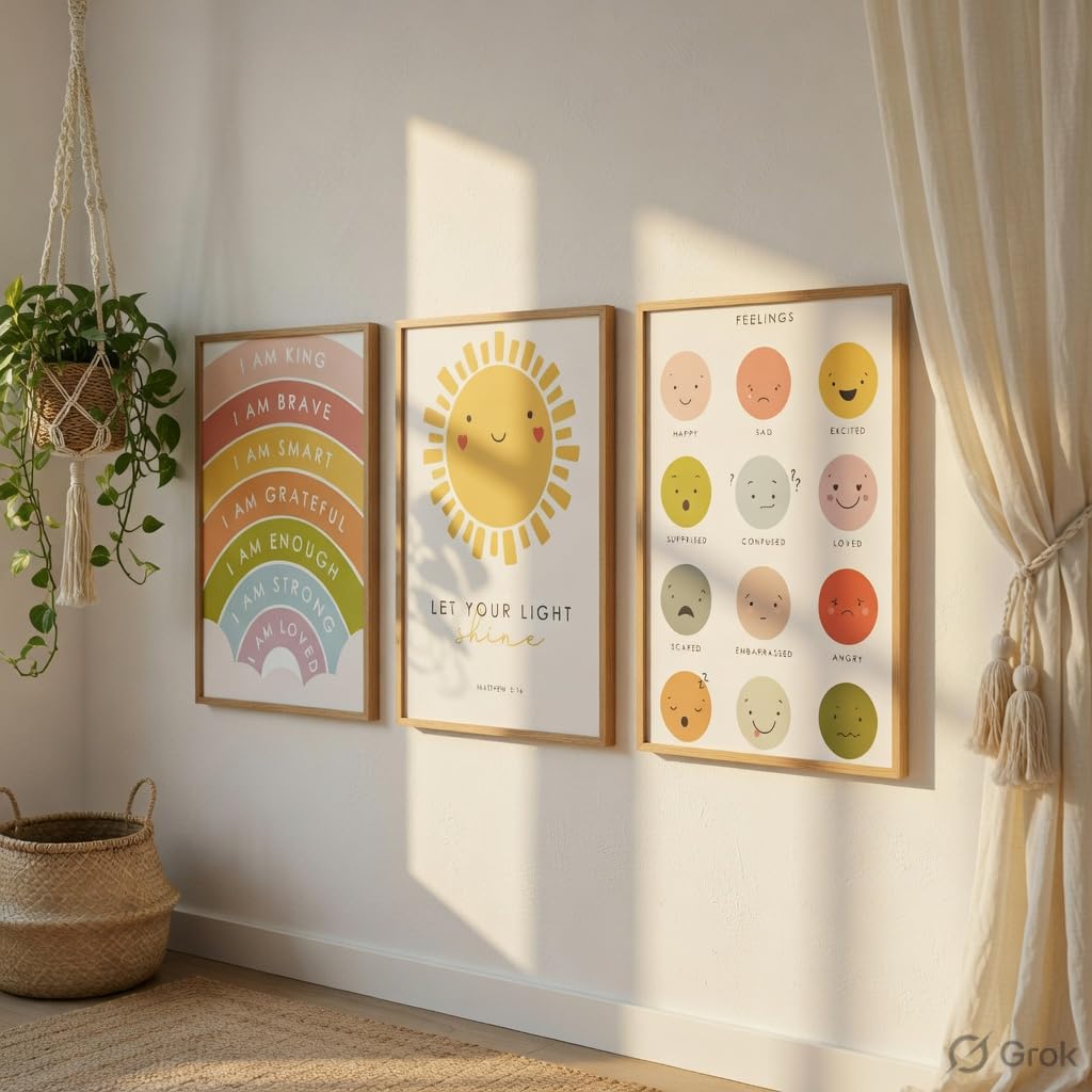 Kids Motivational Nursery Wall Painting Set of 3 with Wooden Frames | Rainbow Affirmation Sun Feelings Chart Kids Room Wall Art | HD Sparkle Printed MDF Nursery Wall Decor