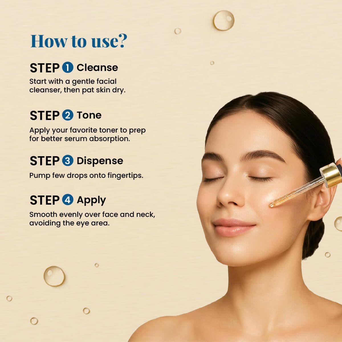 Cosmetic serum application with step-by-step guide on a beige background