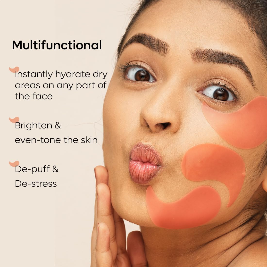 Woman with makeup on her face and text about product benefits on a beige background