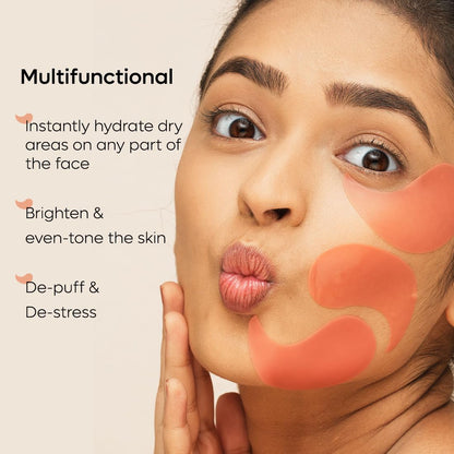 Woman with makeup on her face and text about product benefits on a beige background