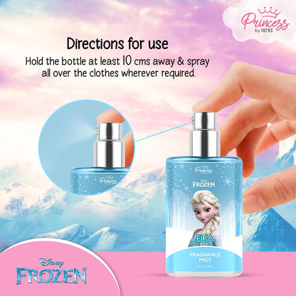Disney Frozen fragrance mist bottle with usage instructions and character illustration.
