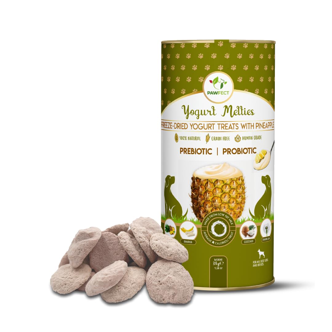 Pawfect Yogurt Melties Freeze-Dried Pre and Probiotic Dog Treats with Pineapple, Coconut, Banana, Dandelion - Gut Health - Low Calories Snacks - Grain-Free - Dog Training Treats (38g/1.34oz)