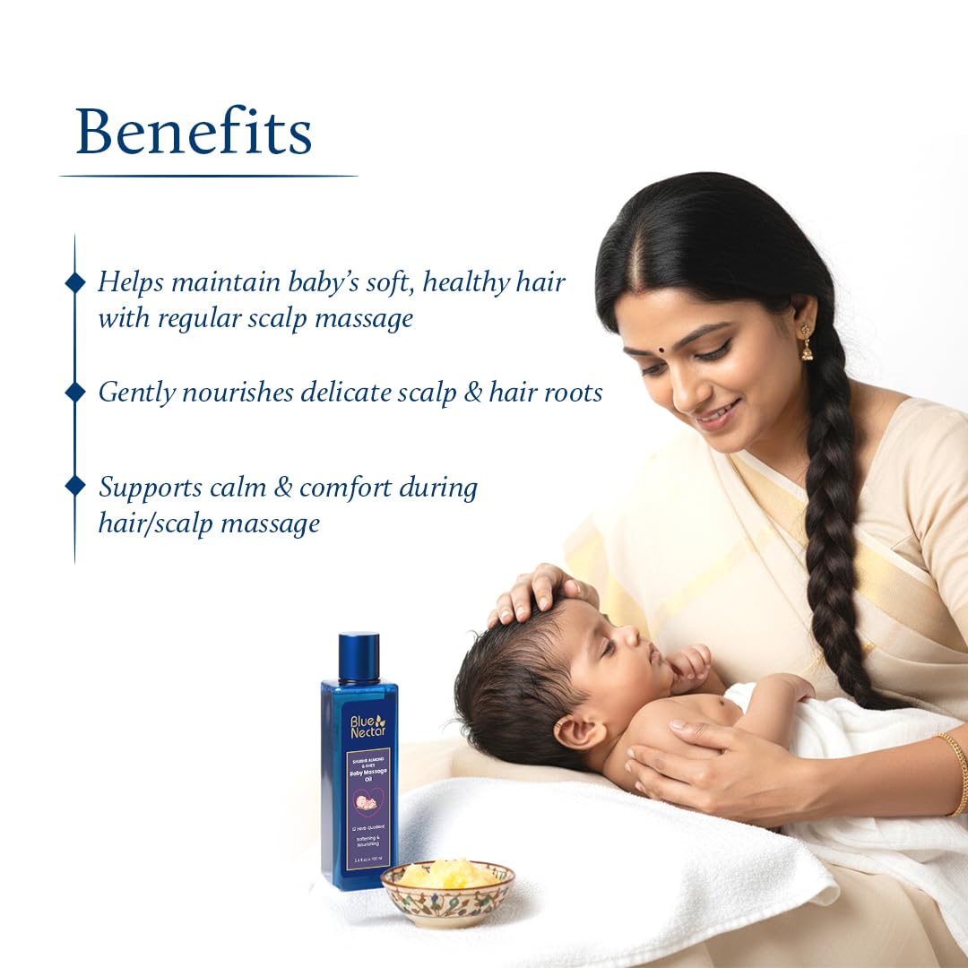 Blue Nectar Ayurvedic Baby Hair Oil with Ghee for Healthy Scalp. 100% Natural Baby Hair Growth Oil with Almond Oil and Olive Oil for Scalp Hydration and Nourishment (18 Herbs, 100 ml )