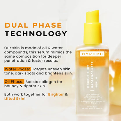 Hyphen serum bottle with dual-phase technology description on a white background