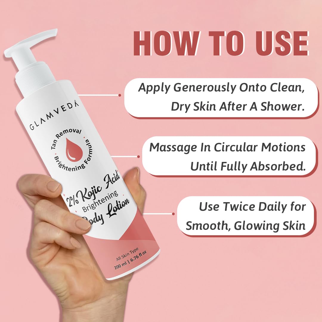Glamveda Body Lotion with 2% Kojic Acid & Alpha Arbutin 200ml Pack of 1 | 24hr Deep Moisturizer for Dry Skin, Nourishes & Protect Skin | Remove Dark Spots, Pigmentation, Tan Removal | Non Greasy | All Skin Type