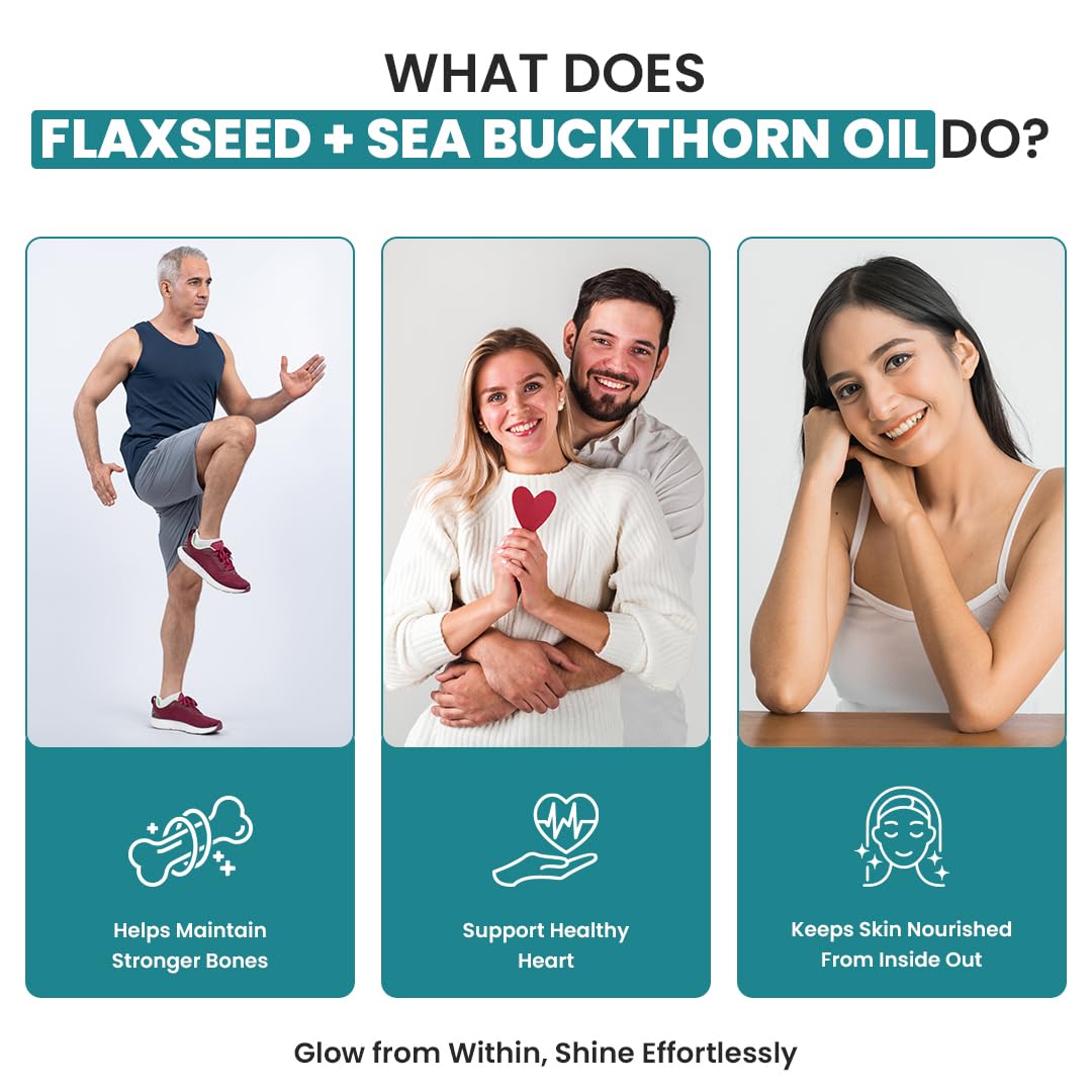 Promotional graphic about the benefits of flaxseed and sea buckthorn oil with lifestyle images and text.