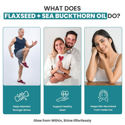 Promotional graphic about the benefits of flaxseed and sea buckthorn oil with lifestyle images and text.