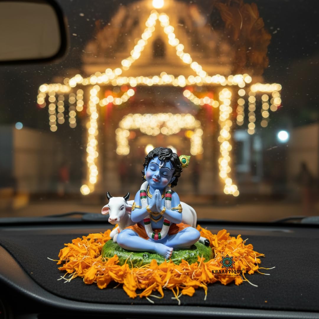 Handcrafted Laddu Gopal Krishna Idol with Cow – Polyresin Bal Krishna Murti for Home Temple, Pooja Room, Car Dashboard, Office Desk, Janmashtami, Housewarming & Spiritual Gift, 8 cm
