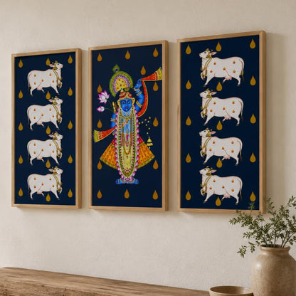 Set of 3 Shrinathji Cow Pichwai Wall Paintings with Sparkle Laminate, Premium Wooden Synthetic Frame, Krishna Religious Art for Living Room Bedroom Temple Decor