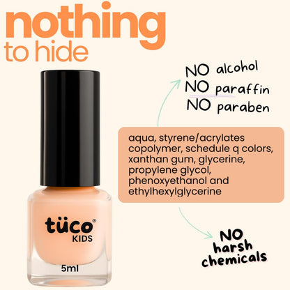 Bottle of tüco Kids nail polish with ingredients list and 'nothing to hide' text on a beige background