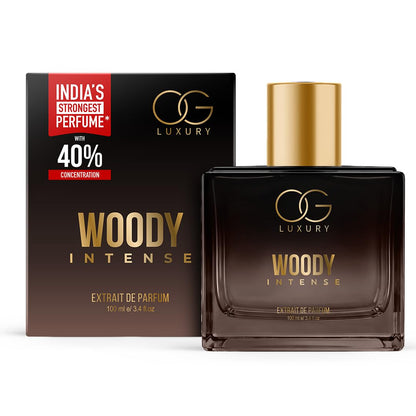 OG Luxury Woody Intense perfume bottle and packaging on a white background