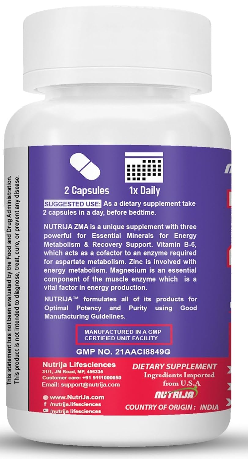 NutriJa ZMA Supplement with Magnesium Glycinate, Zinc & Vitamin B6-60 Capsules | Added Boron & BioPerine for Muscle Recovery, Strength & Better Sleep Quality | High Absorption Supplement