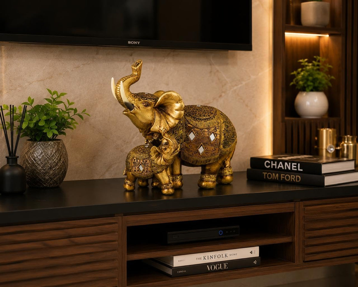 Decorative Elephant Showpiece for Home Décor | Resin Lucky Elephant Statue with Mother & Baby Design | Tabletop Feng Shui Good Luck Idol (Baby Elephant with Mother)