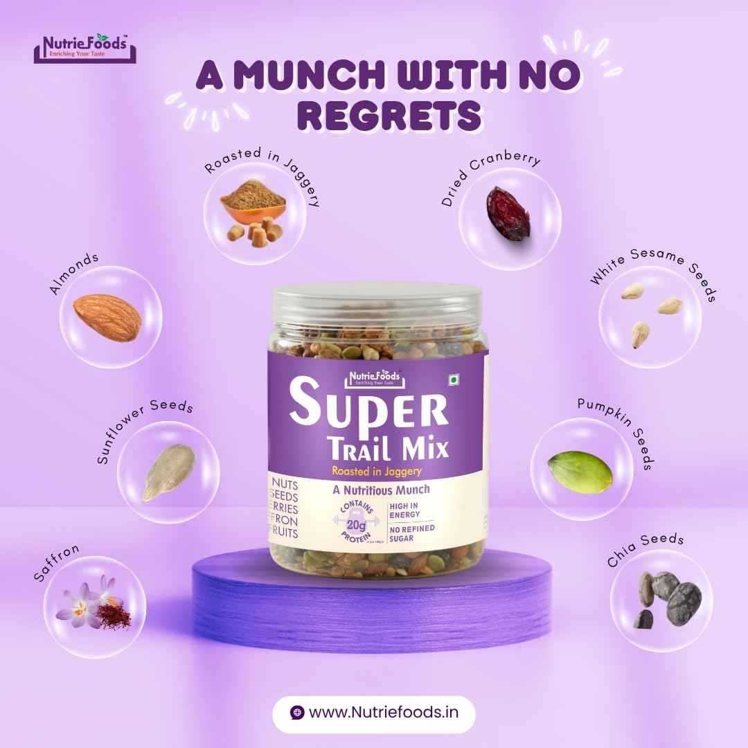 Nutriefoods Super Trail Mix (Mixed Dry Fruits), Roasted in Jaggery and Saffron with Blend of Berries, Dried Fruits, Seeds and Nuts (250gm)