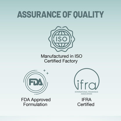 Quality assurance logos including ISO, FDA, and IFRA on a light blue background