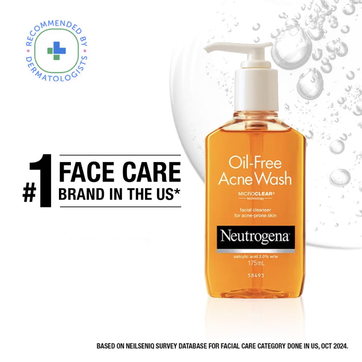 Neutrogena Oil-Free Acne Wash bottle with branding and product details on a white background