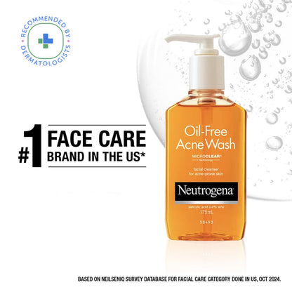 Neutrogena Oil-Free Acne Wash bottle with branding and product details on a white background