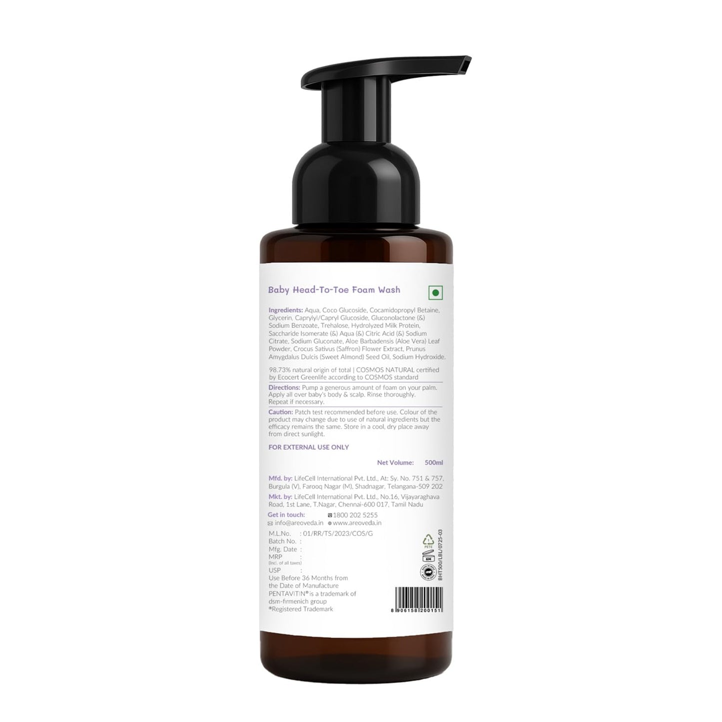 AreoVeda Baby Head-To-Toe Foam Wash With Self-Foaming Pump (500ml) I Tear-Free Baby Wash I 24 Hrs Hydration I pH 5.5 With PENTAVITIN® & Aloe Vera I Safe from Day 1 I Lab Tested, Ecocert Certified, EWG Verified