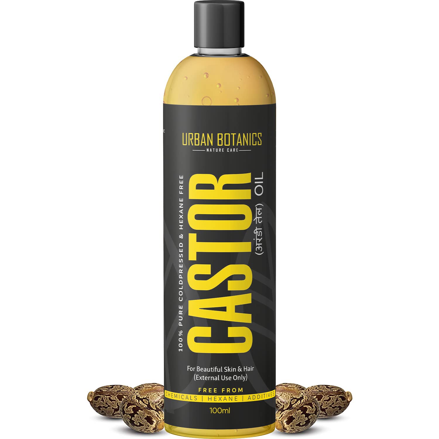 Bottle of Urban Botanics Castor oil with a black and yellow label on a white background.