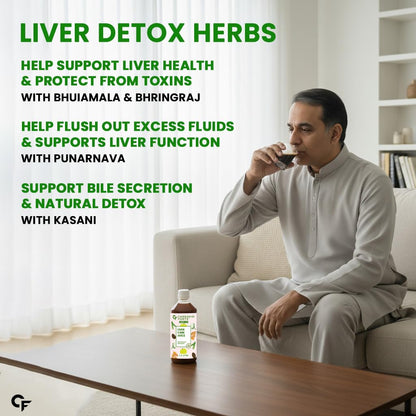 Man sitting on a couch drinking from a cup with liver detox herbs displayed around him.