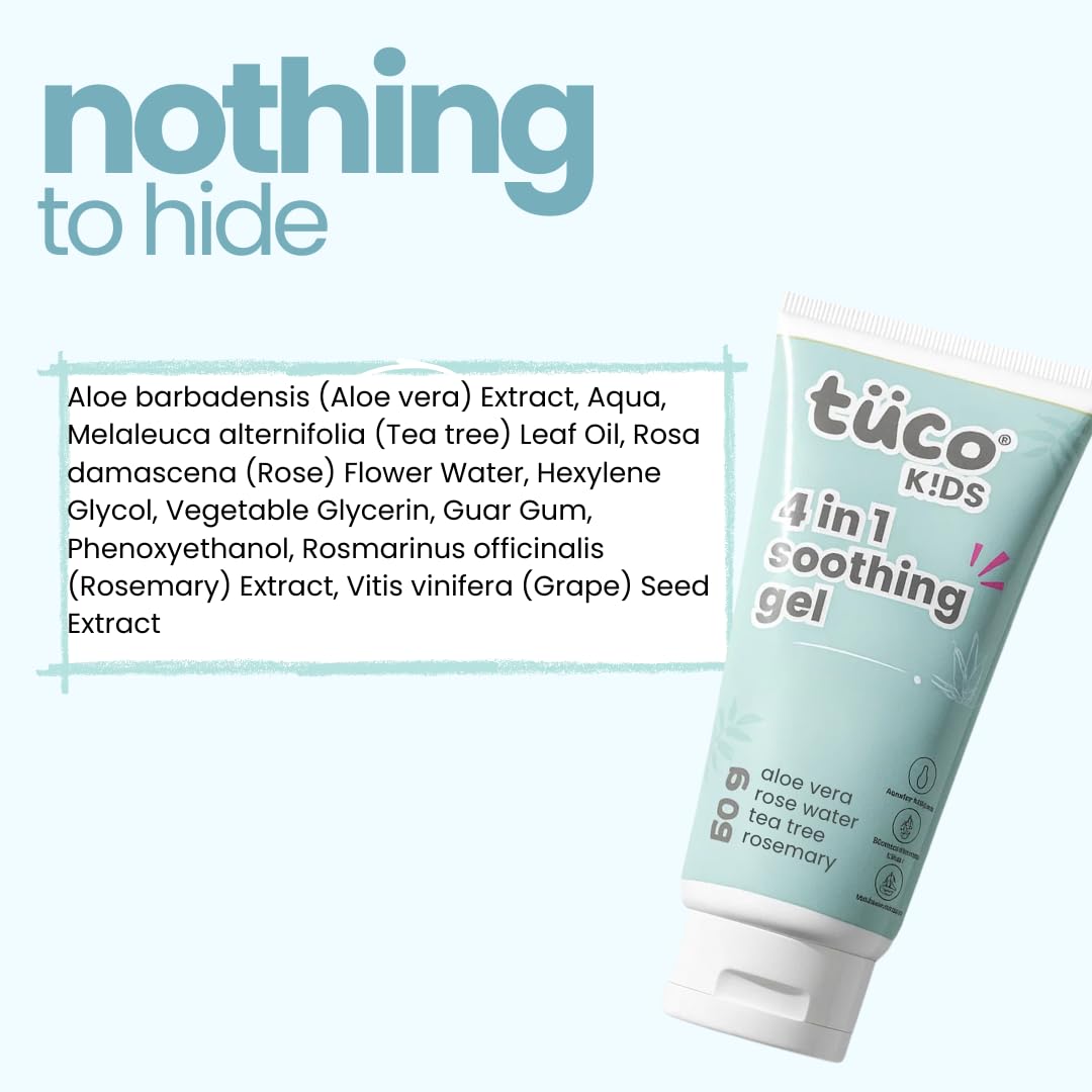 Töuco Kids 4 in 1 soothing gel with ingredients list on a light blue background