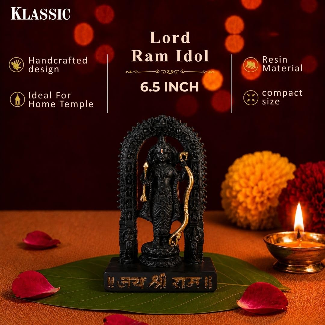 6.5 Inch Lord Ram Idol with Decorative Arch | Black Finish Ram Murti for Home Temple, Mandir, Pooja Room & Office Desk | Spiritual Showpiece for Worship, Festive Décor & Gifting