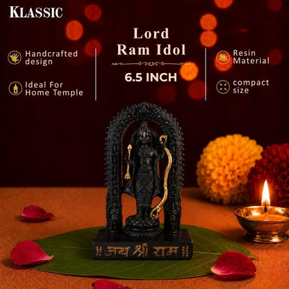 6.5 Inch Lord Ram Idol with Decorative Arch | Black Finish Ram Murti for Home Temple, Mandir, Pooja Room & Office Desk | Spiritual Showpiece for Worship, Festive Décor & Gifting