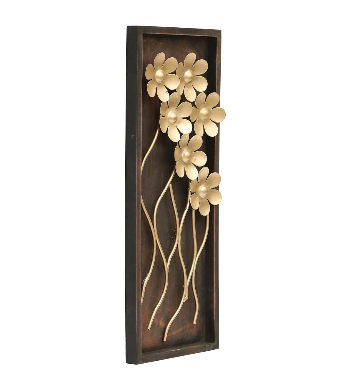 Premium Golden Floral Metal Wall Decor with Antique Brown Rectangular Frame | 3D Flower Wall Art Hanging for Living Room, Bedroom, Hallway & Home Decoration