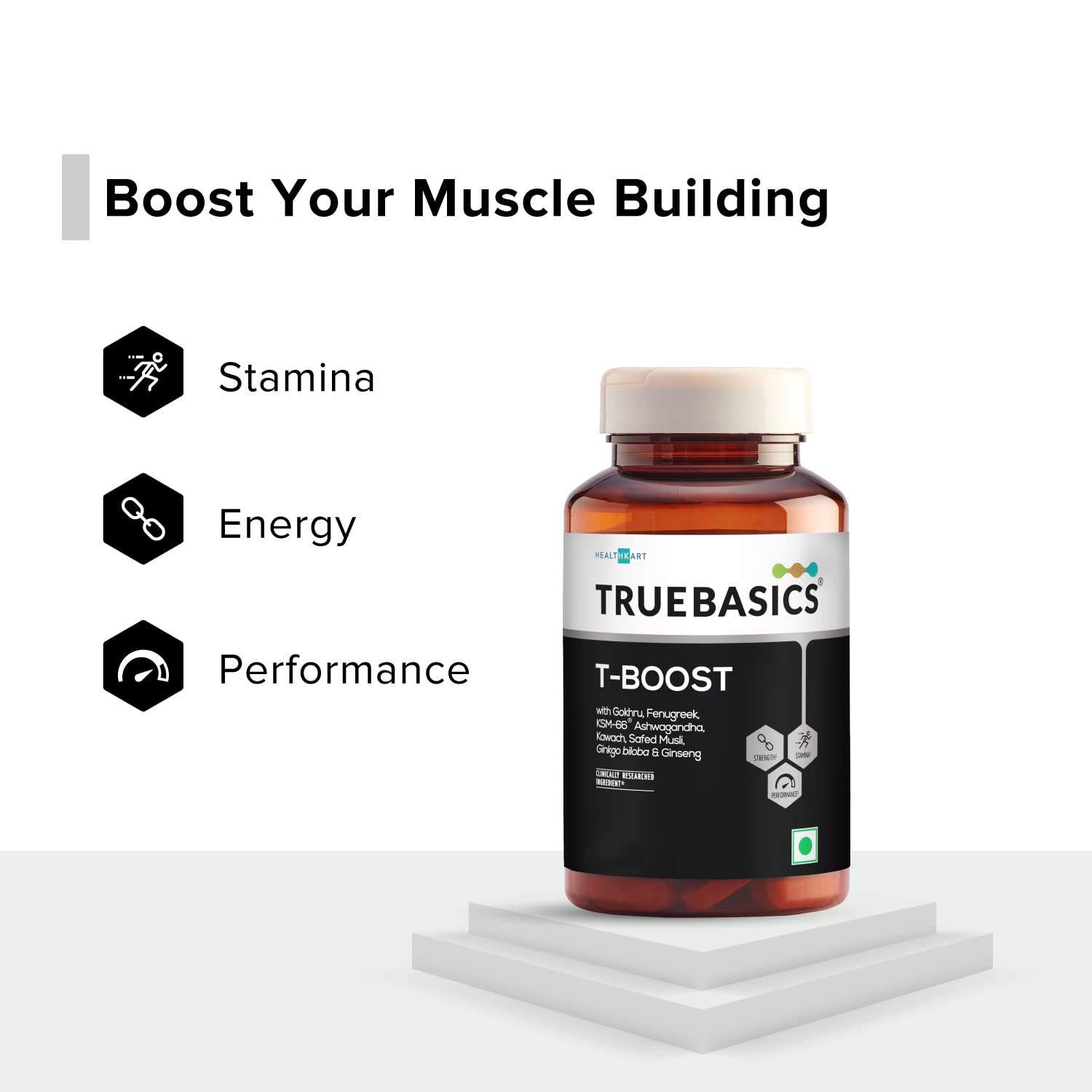 TRUEBASICS T-Boost supplement bottle with benefits listed on a white background