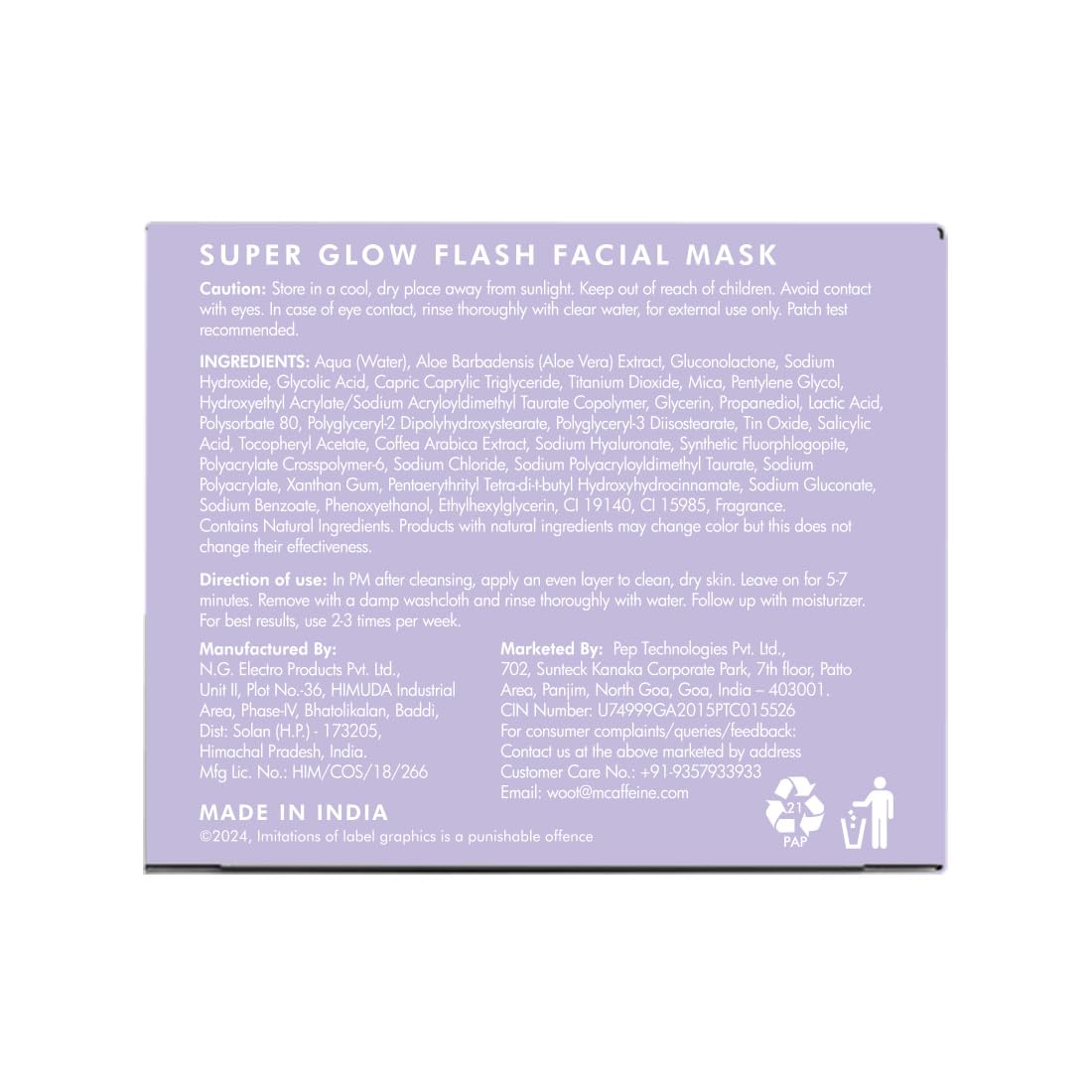 Super Glow Flash Facial Mask packaging with ingredient list and directions on a white background