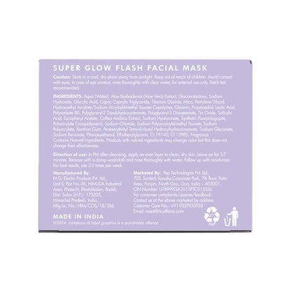 Super Glow Flash Facial Mask packaging with ingredient list and directions on a white background