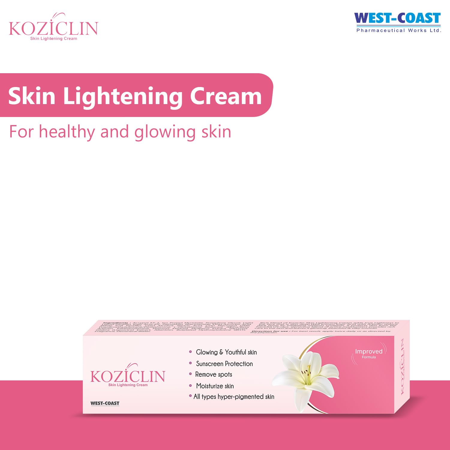 Koziclin Skin Lightening Cream packaging on a pink background