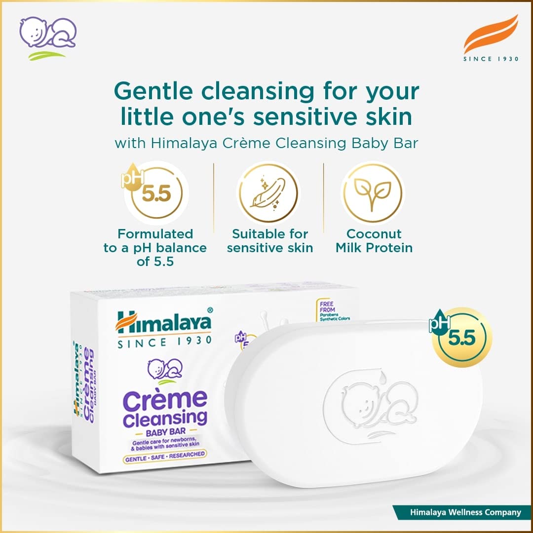 Himalaya Creme Cleansing Baby Bar 125G| pH 5.5|with Coconut milk Protein and Aloe vera|Soap Free | For New borns | For Baby's sensitive skin| No Parabens|No Synthetic Colors