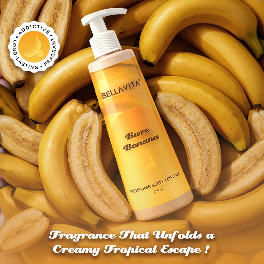 Bellavita Bare Banana perfume body lotion surrounded by bananas with branding and text.
