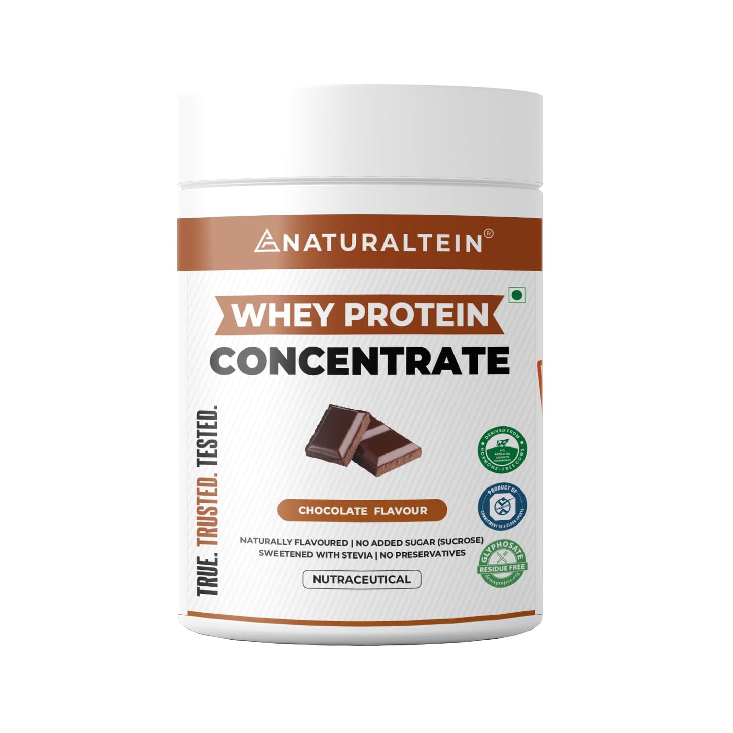 Container of Naturaltein whey protein concentrate with chocolate flavor on a white background