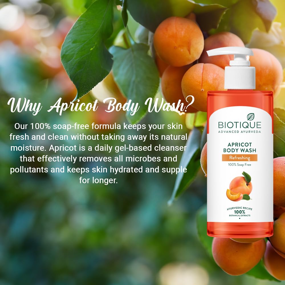 Biotique Apricot Body Wash bottle with apricots on a tree in the background