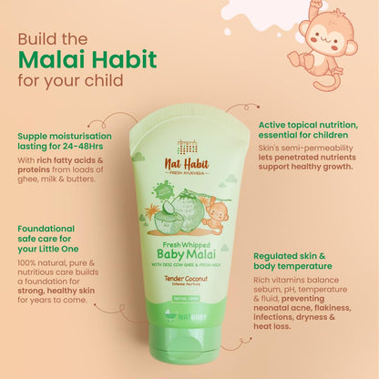 Nat Habit Tender Coconut Baby Malai for Intense Nurture, Moisturizer for Deep Nourishment & Skin Barrier Protection | 100% Natural, Chemical-Free Baby Cream | 120ml