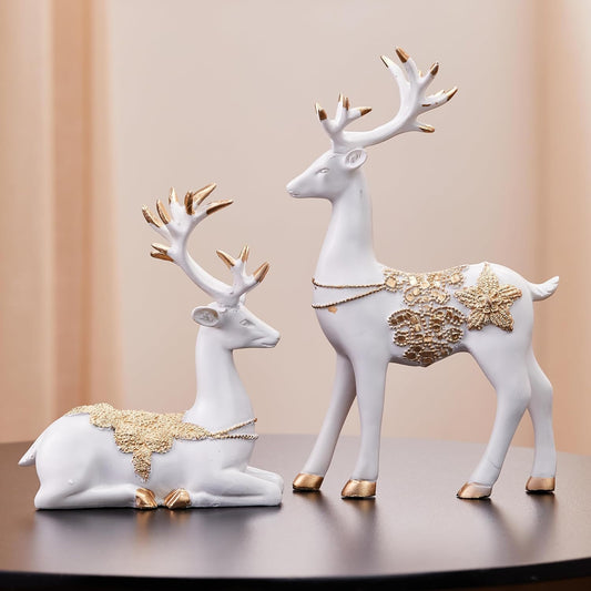 Amazon Basics Creative Resin Golden and White Reindeer Sculptures | Beautiful Home Decor Handicraft Resin | Elevates The Energy of Your Room (Pack of 2, White and Golden)