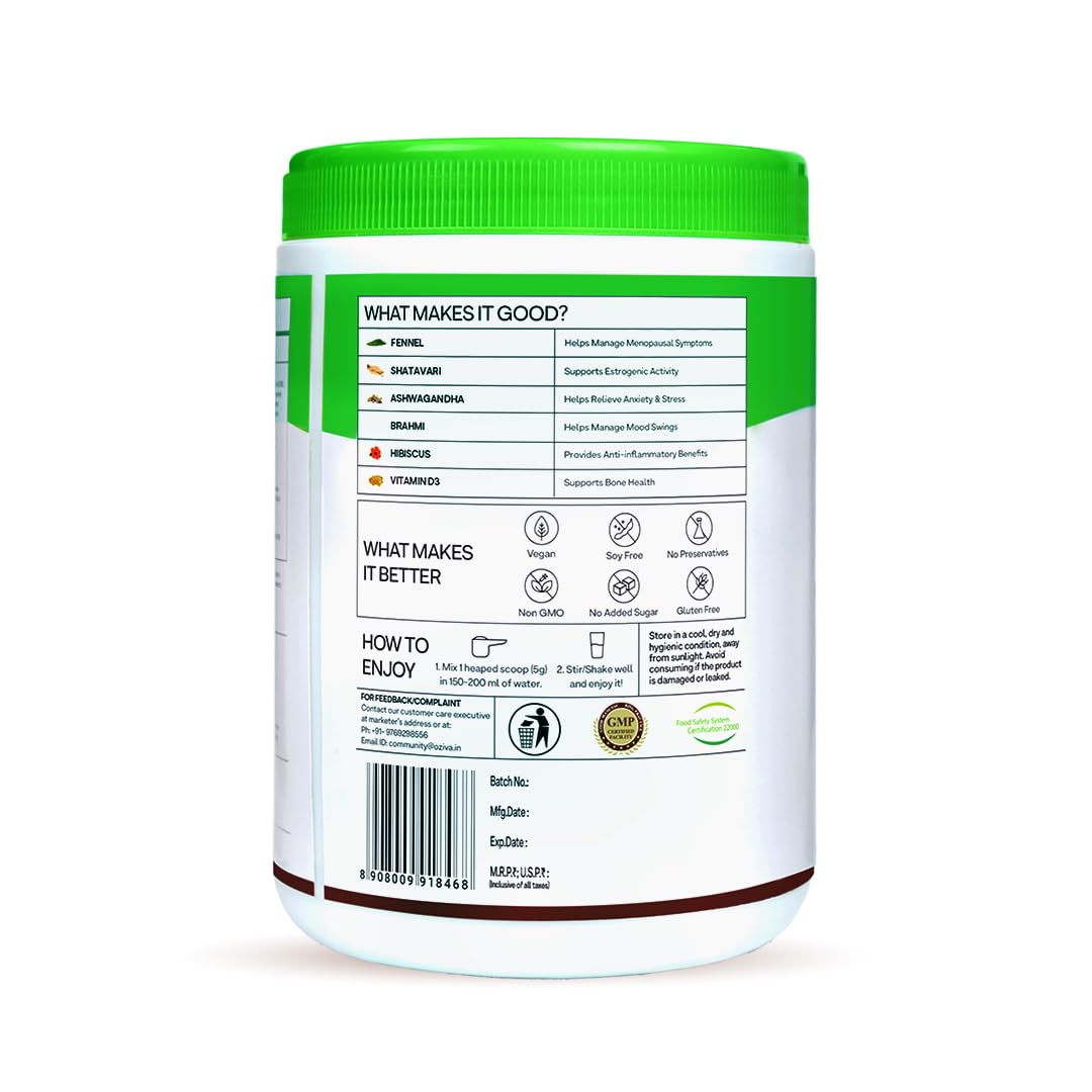 OZiva HerBalance Menopause Relief Drink, 250g (45 Days Pack) (With Black Cohosh, Lodh Bark & Licorice) for Better Hormonal Balance, Uterine & Vaginal Health, Certified