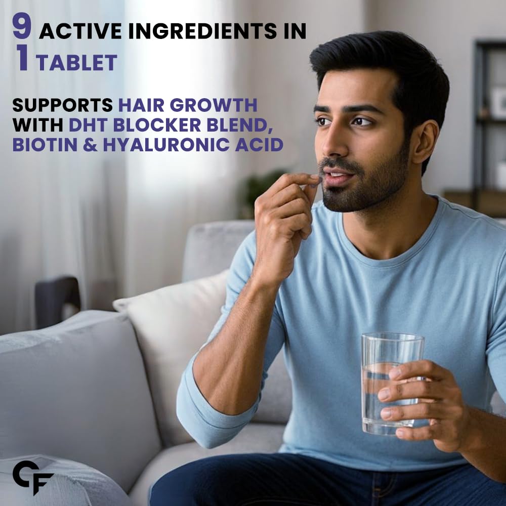 Carbamide Forte DHT Blocker with Biotin Tablets for Hair growth | Biotin Supplement with Bhringraj & Hyaluronic Acid | DHT Blocker Tablet supports Hair Growth, Scalp & Skin Health for Men & Women | 60 Tablets