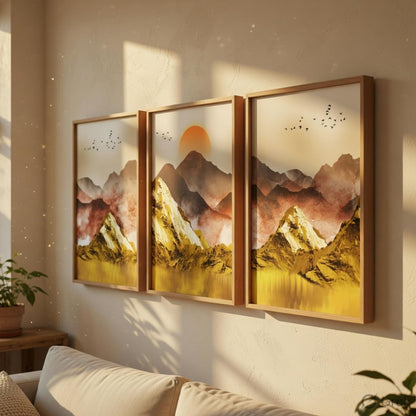 Golden Mountain Landscape Wall Painting Set of 3 with Wooden Frames | Abstract Sunrise Mountain Artwork HD Sparkle Laminated MDF Wall Decor | Modern Nature Wall Art for Living Room